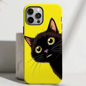 Cute Black Cat Phone Case – Bright Yellow Background